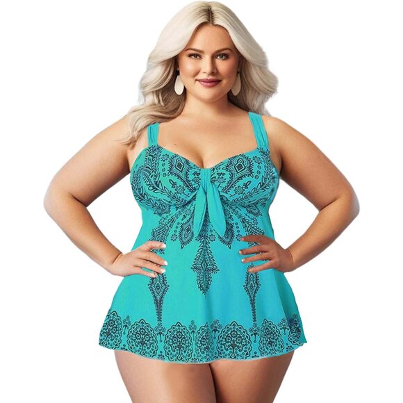 Plus 2pc Paisley Print Swimdress Womens Size 20 Teal Wide Strap Swimsuit Set - Picture 8 of 11